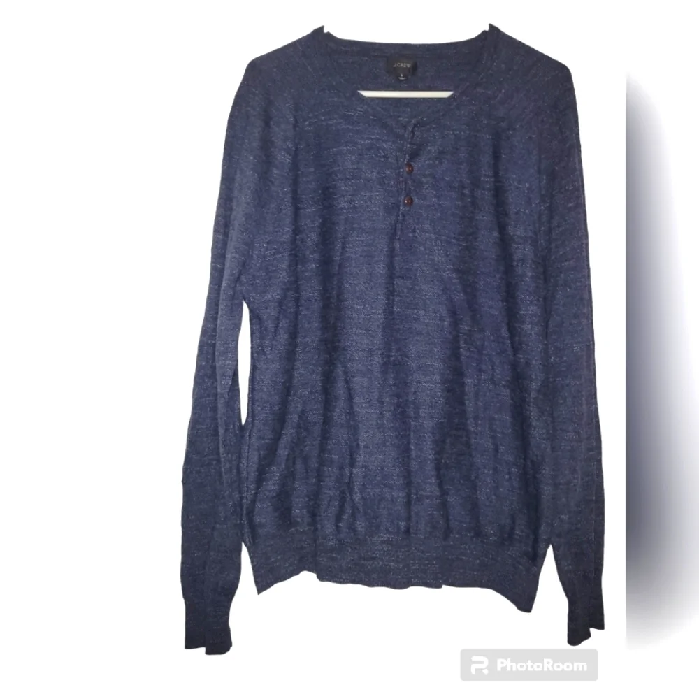 J. CREW Rugged Cotton Henley Sweater Blue Marled Long Sleeve 3-Button Pullover